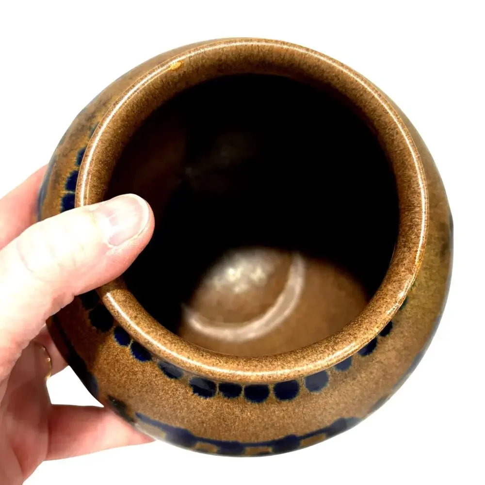 Vintage VEB Haldensleben Germany Stoneware Pottery Vase Cobalt Blue & Caramel
